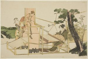 Frauen weben an einem Webstuhl von Katsushika Hokusai