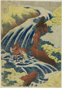 Yoshitsunes Pferdewaschfälle bei Yoshino in der Provinz Yamato aus der Serie "Eine Tour zu Wasserfällen in verschiedenen Provinzen" von Katsushika Hokusai