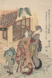 Junge Damen erweisen einem Schrein ihre Ehre, ca. 1814 von Katsushika Hokusai