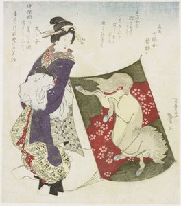 Frau steht auf der Schnur eines Drachens von Katsushika Taito II
