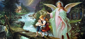 Ein Schutzengel beschützt zwei Kinder, die einen Fluss auf einer alten Holzbrücke überqueren, Anfang des 20. Jahrhunderts
