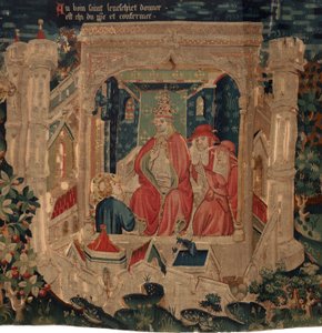Geschichte von Saint Piat und Saint Eleuthère, auch Arras-Wandteppich genannt. Bestellt von Kanonikus Toussaint Prier, Kaplan des Herzogs von Burgund, Ende des 14. bis Anfang des 15. Jahrhunderts (Wandteppich)