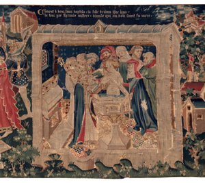 Geschichte von Saint Piat und Saint Eleuthère, auch genannt Wandteppich von Arras. Bestellt von Kanonikus Toussaint Prier, Kaplan des Herzogs von Burgund, Ende 14. Anfang 15. Jahrhundert. 22m x 2m. Detail (Wandteppich)
