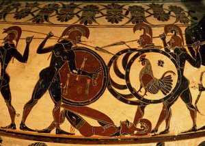 Detail einer korinthischen Vase, die eine Hopliten-Schlacht zeigt, ca. 600 v. Chr.