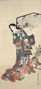 Schönheit vor einem Bildschirm, 1800er von Kawanabe Kyosai