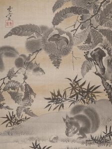 Eichhörnchen sammeln Kastanien (ca. 1887) von Kawanabe Kyosai