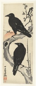 Zwei Krähen auf einem blühenden Pflaumenbaumzweig bei Sonnenuntergang von Kawanabe Kyosai