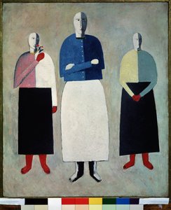 Drei Frauen (Die drei haben kahlgeschorene Köpfe, tragen gerade Röcke und geknöpfte Westen) von Kazimir Severinovich Malevich