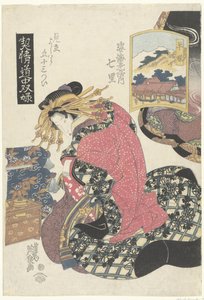 Kurtisane Shichiri aus dem Sugata Ebiya Haus, verglichen mit der Station Hiratsuka (Reisspiele mit Kurtisanen; die 53 Stationen der Tokaido verglichen mit dem Yoshiwara) von Keisai Eisen