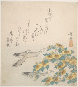Fische schwimmen mit gelben Blumen von Keisai Eisen