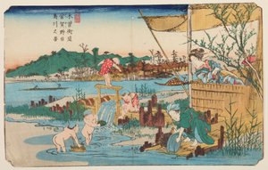 Kuragano, Kinder spielen im Wasser, Tafel 13 aus der Serie: Neunundsechzig Stationen der Kisokaido-Straße von Keisai Eisen
