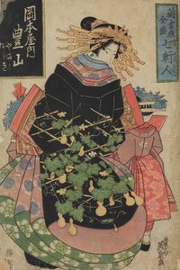 Kurtyzana Hosan aus dem Freudenhaus Okamotoya / Okamotoya no Hosan, aus der Serie: Frauen aus sieben bekannten Häusern in Shin Yoshiwara / Shin Yoshiwara zensei shichi kenjin von Keisai Eisen