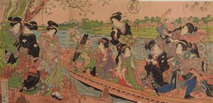 Fähre auf dem Sumida-Fluss / Hanami gaeri sumida no watashi, aus der Serie: Vier Jahreszeiten; Frühling von Keisai Eisen