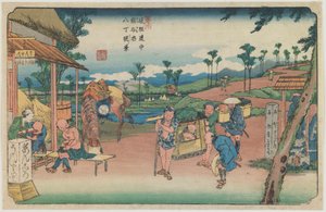 Nummer 9: Blick auf das Hatchō-Ufer bei Kumagaya-Station, aus der Serie „Entlang der Kiso-Straße“ von Keisai Eisen