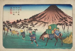 Oiwake, Reisende mit Pferd passieren einen Berg, Tafel 22 aus der Serie: Neunundsechzig Etappen der Kisokaido-Straße von Keisai Eisen