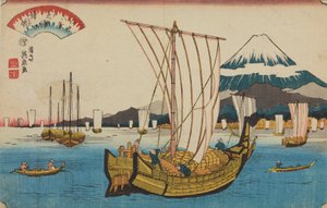 Rückkehrende Segelboote in Shiba / Shiba ura no kihan, aus der Serie: Acht Ansichten von Edo / Edo hakkei von Keisai Eisen