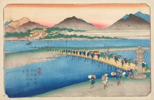 Überquerung des Flusses Shinjugawa in Honjo, Tafel 10 aus der Serie: Die Kisokaido Straße