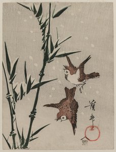 Spatzen, Bambus und fallender Schnee, ca. späte 1820er Jahre