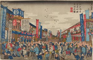 Menschenmenge vor den Theatern in der Shibaimachi-Straße / Edo ryoza Shibaimachi Kaomise no zu von Keisai Eisen