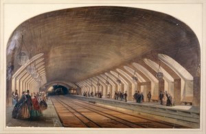 Innenansicht der Baker Street Station mit Bahnsteigen und einem einfahrenden Zug, London, ca. 1865 von Kell Brothers