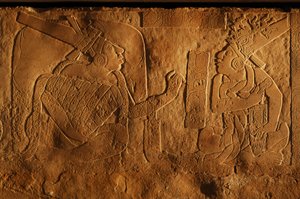 Tempel 19 Thronbank, Palenque, Mexiko, Schnitzerei von Akhal Mo Nab, 2005 von Kenneth Garrett