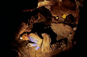 Wer waren die ersten Amerikaner, Timothy Heaton, bei der Ausgrabung, On your Knees Cave, Prince of Wales Island, Alaska, 2008 (Foto)