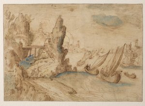 Imaginäre Küstenszene mit Fischerbooten, 1575-1633 von Kerstiaen de Keuninck