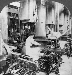 Leinenstoff weben, Montreal, Kanada, frühes 20. Jahrhundert von Keystone View Company