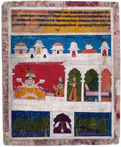 Eine Dame auf einer Terrasse bietet das alte vedische Ritualopfer Brahma dar, ca. 1725 von Khambavati Ragini