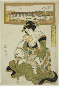 Genießen der Abendkühle an der Ryogoku-Brücke (Ryogokubashi noryo), aus der Serie "Modische Acht Ansichten von Edo (Furyu Edo hakkei)" von Kikukawa Eizan