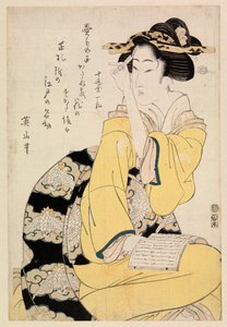 Sitzende Kurtisane mit einem Buch, um 1804-29 (Farbholzschnitt)