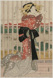 Die Kurtisane Meizan vom Chojiya auf einem Balkon mit Blick auf den Sumida-Fluss von Kikukawa Eizan