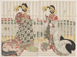 Die Kurtisanen Hinaya und Karauta hinter dem vergitterten Fenster des Chojiya-Hauses am Sumida-Fluss während der Kirschblütenzeit von Kikukawa Eizan