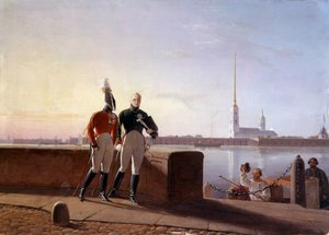 Der russische Zar Alexander I. (1777-1825) und sein Bruder Konstantin am Ufer der Newa von Kil