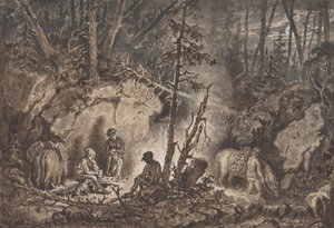 Jäger ruhen in einem Wald bei Nacht, 1830-60
