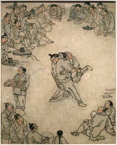 Szene des traditionellen Ringens, mit Zuschauern und einem Süßwarenverkäufer. Gemälde von Danwon (Kim Hongdo) (1745-1806), Tinte auf Papier, koreanische Kunst, Joseon-Periode (Choson) 18. Jahrhundert. Nationalmuseum von Korea, Seoul (Südkorea). von Kim Hong Do