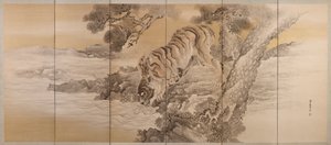 Sechsteilige Leinwand, die einen trinkenden Tiger darstellt