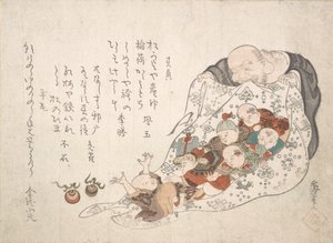 Hotei öffnet seinen Sack, der voller kleiner Jungen ist, ca. frühes 19. Jahrhundert von Kita Busei