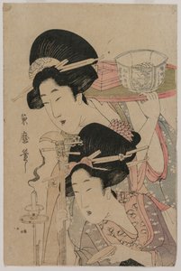 Zwei Geishas neben einer Kerze, Mitte 1800er von Kitagawa Kikumaro