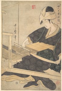 Eine Frau beim Weben, sitzend an einem Handwebstuhl von Kitagawa Utamaro
