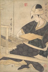 Eine Frau beim Weben, sitzend an einem Handwebstuhl, ca. 1796. von Kitagawa Utamaro