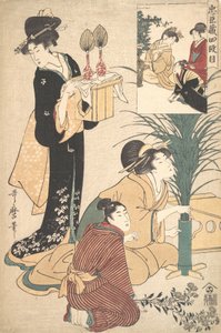 Eine Frau und ein Mann arrangieren Blumen für das Tsukimi-Mondfest von Kitagawa Utamaro