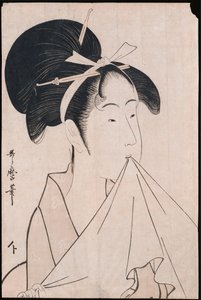 Ein Brustporträt von Okita von der Naniwaya, die ein Handtuch in den Zähnen hält und das Tuch dehnt von Kitagawa Utamaro