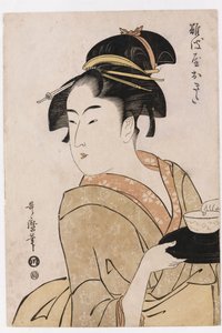 Ein Brustporträt der Kellnerin Okita vom Naniwaya Teehaus von Kitagawa Utamaro