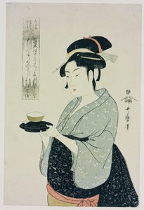 Halbporträt von Naniwaya Okita, die berühmte Teestuben-Kellnerin, die eine Tasse Tee serviert von Kitagawa Utamaro