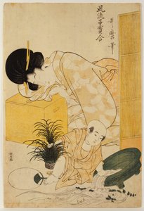 Eine Mutter döst, während ihr Kind eine Fischschale umkippt, aus der Serie "Vergleich modischer Kinder" von Kitagawa Utamaro