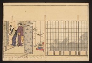 Eine Party in einem Haus mit zwei Frauen links von Kitagawa Utamaro