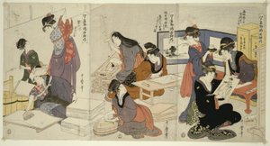 Künstler, Blockschneider, der Leim aufträgt, aus der Serie Die Kultivierung von Brokatdrucken, ein berühmtes Produkt von Edo, ca. 1803