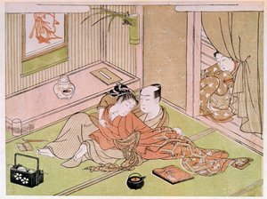 Paar, das sich unter dem Blick der Dienerin streichelt. Japanischer Druck von Utamaro Kitagawa (1753-1806). 18. Jahrhundert. Paris, Guimet Museum, Nationalmuseum für asiatische Künste