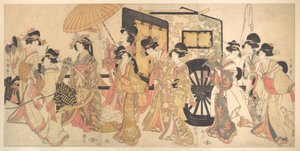 Kurtisanen imitieren eine Hofprozession von Kitagawa Utamaro